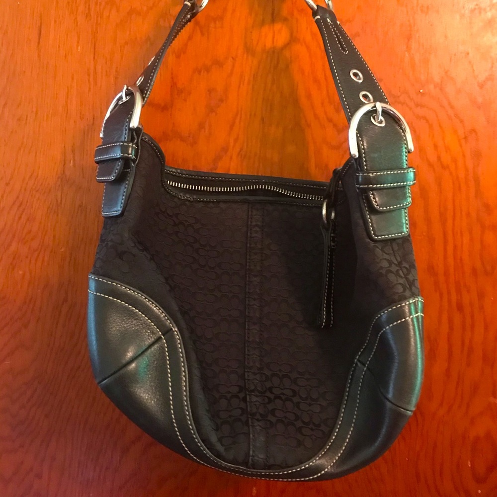 Coach Hobo Black Signature Canvas Leather Trim Bag